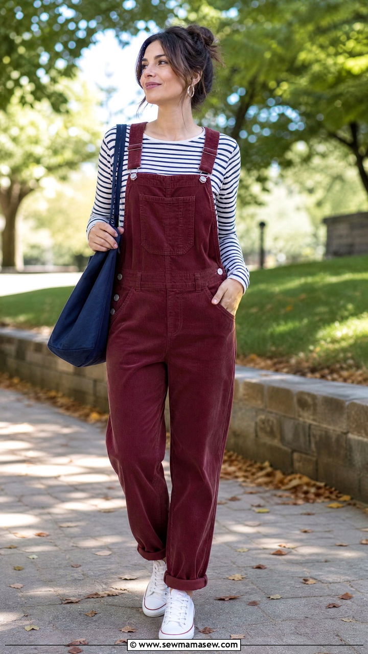 Maroon Overalls with Striped Tee - 35 Maroon outfit ideas