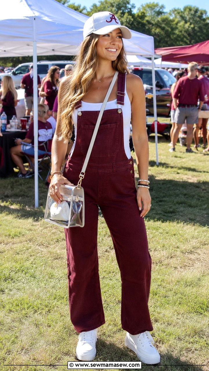 Maroon Overalls with White Bodysuit Outfit - 20 Gameday outfit ideas Texas A&M
