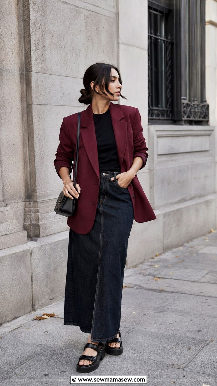 Maroon Oversized Blazer With Basic Tee and Denim Maxi Skirt - 30 Oversized blazer outfit ideas with a t-shirt