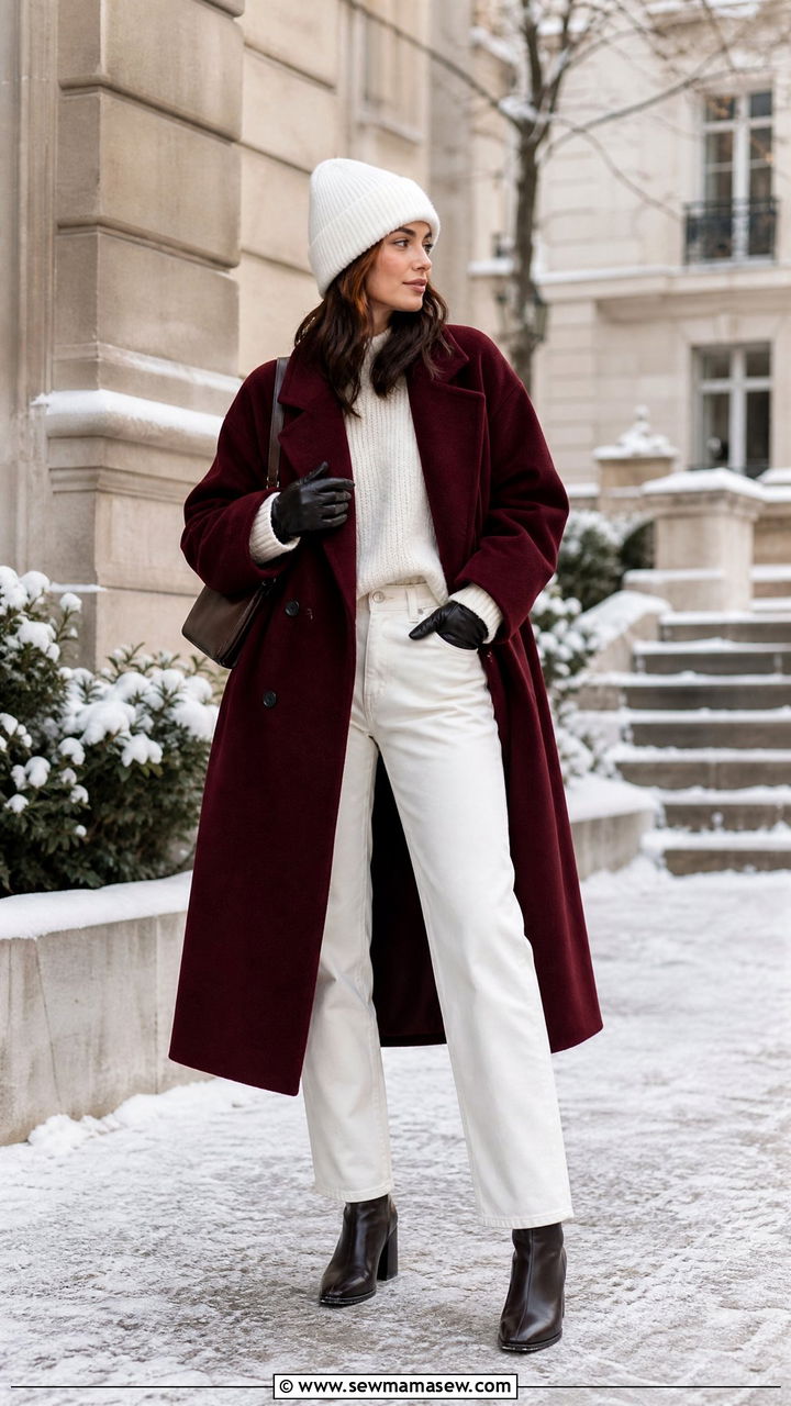 Maroon Oversized Coat With Off White Jeans - 25 French girl outfit ideas Lily Collins style