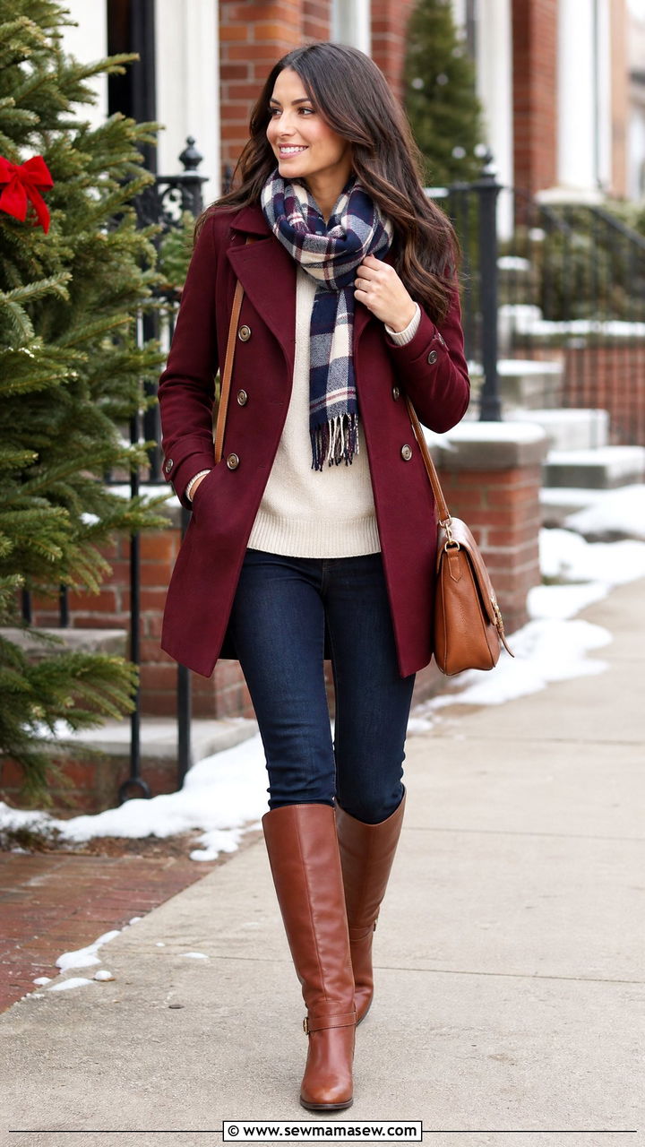 Maroon Peacoat with Scarf - 35 Maroon outfit ideas