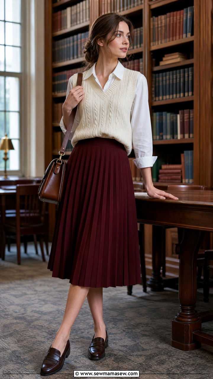 Maroon Pleated Skirt with Sweater Vest - 35 Maroon outfit ideas