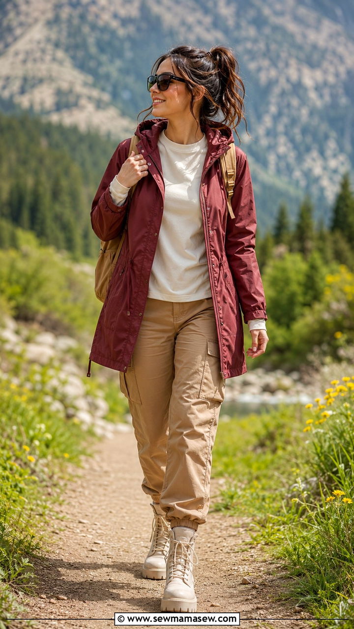 Maroon Red Lightweight Parka With Camel Cargo Pants - 30 spring red outfit ideas