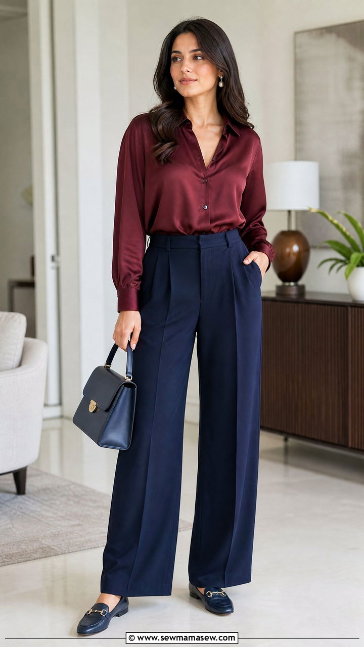 Maroon Silk Blouse with Navy Pants - 35 Maroon outfit ideas
