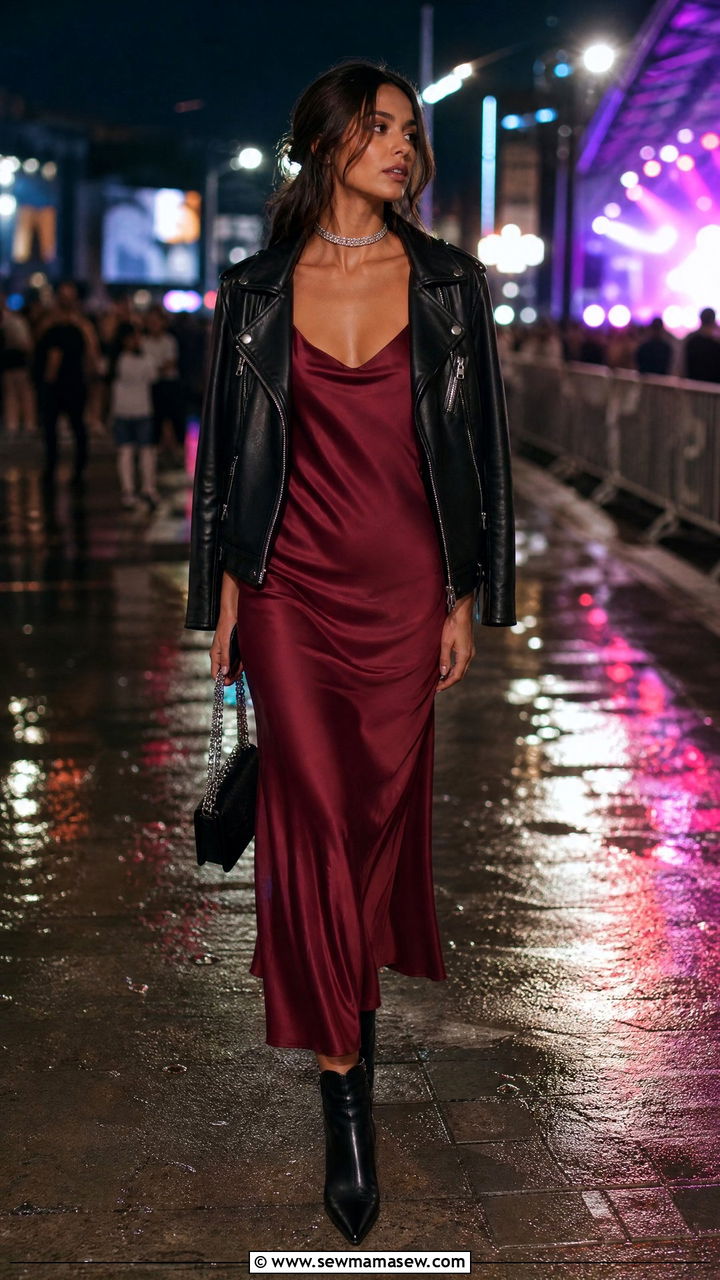 Maroon Slip Dress with Leather Jacket - 35 Maroon outfit ideas
