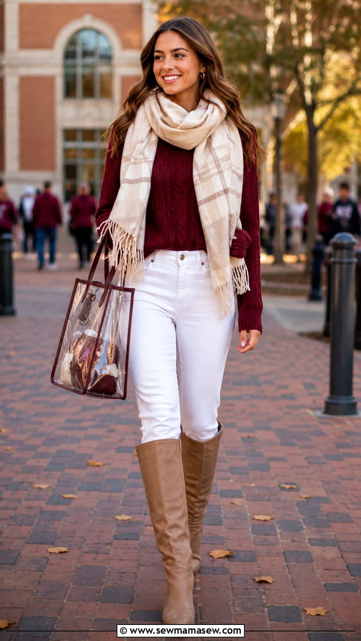 Maroon Sweater and White Jeans for Cold Games Outfit - 20 Gameday outfit ideas Texas A&M