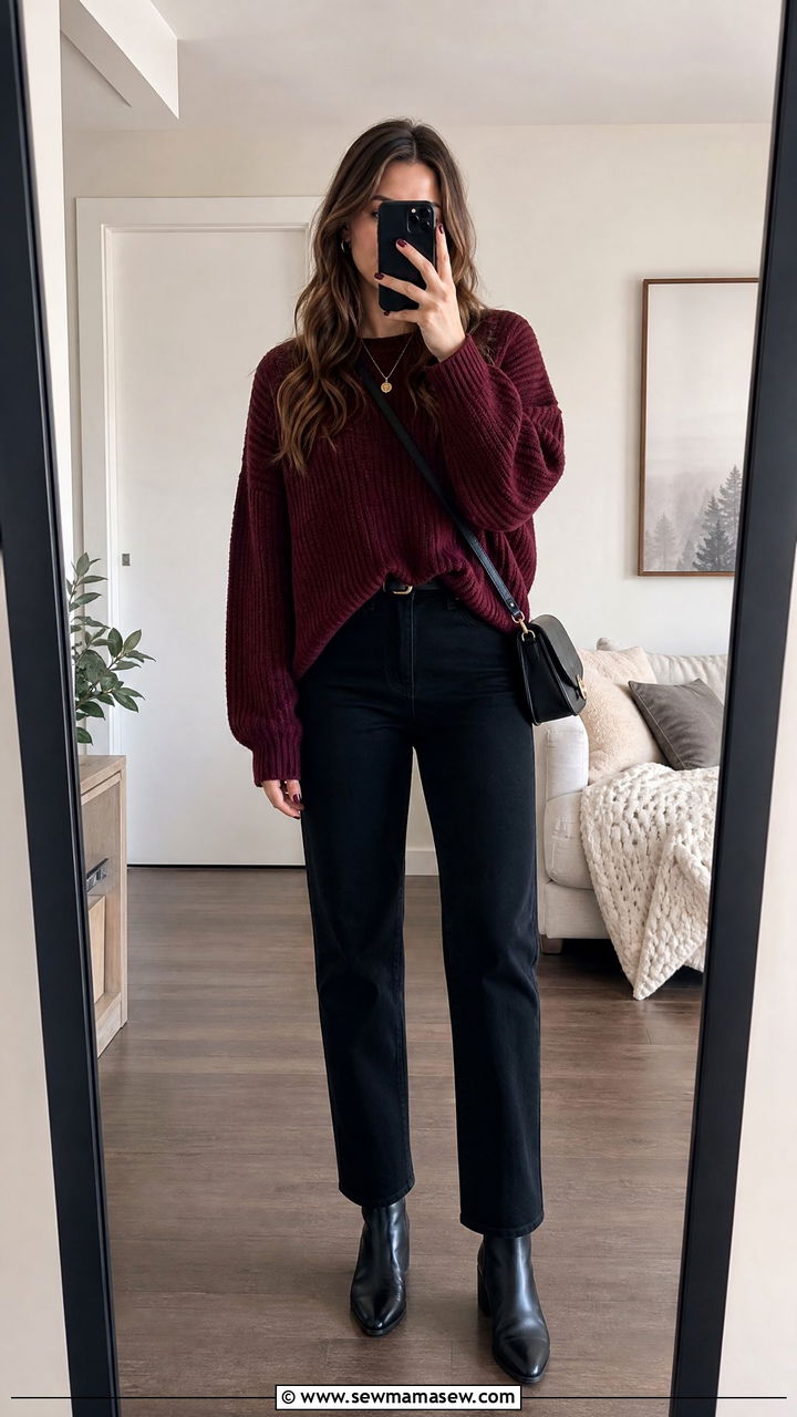 Maroon Sweater with Black Jeans - 35 Maroon outfit ideas