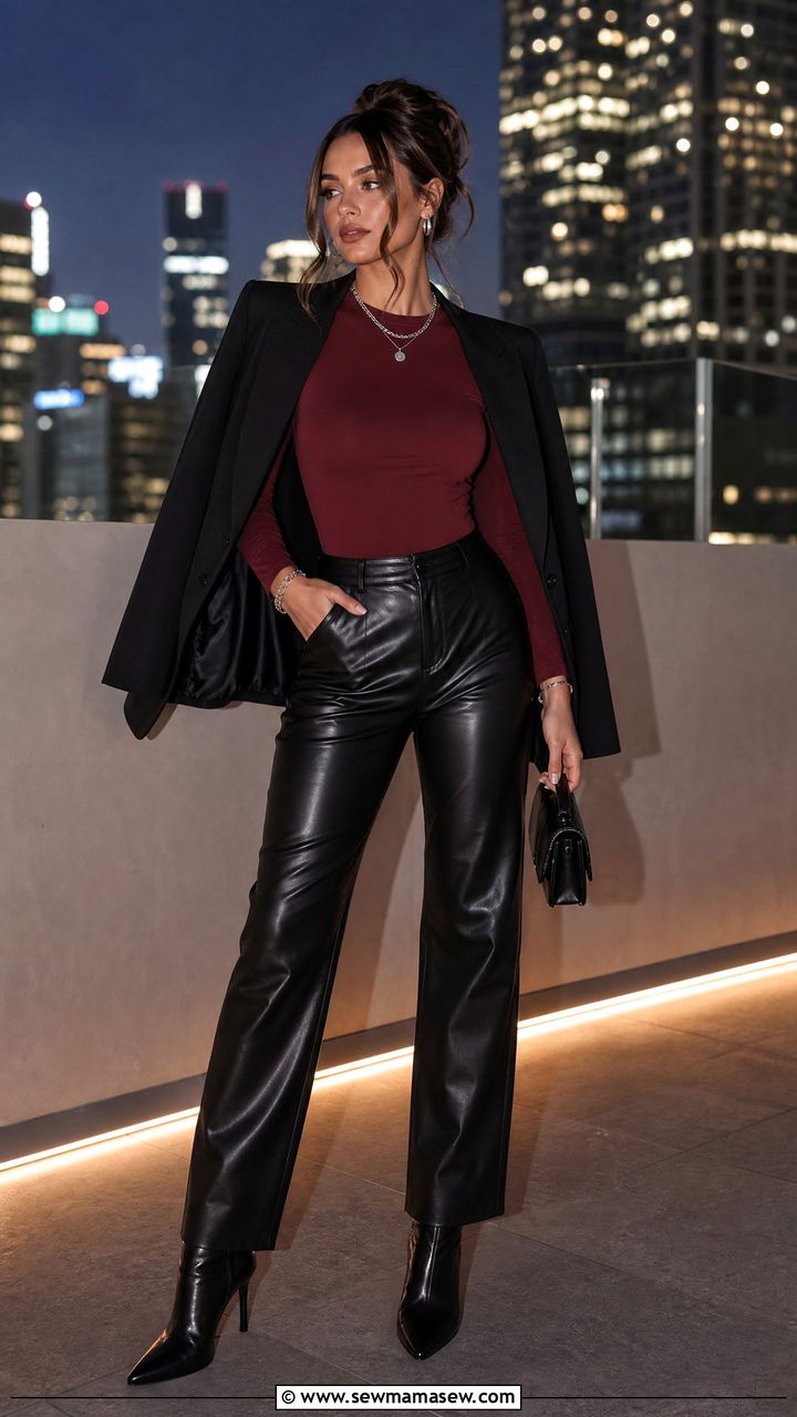 Maroon Top with Leather Pants - 35 Maroon outfit ideas