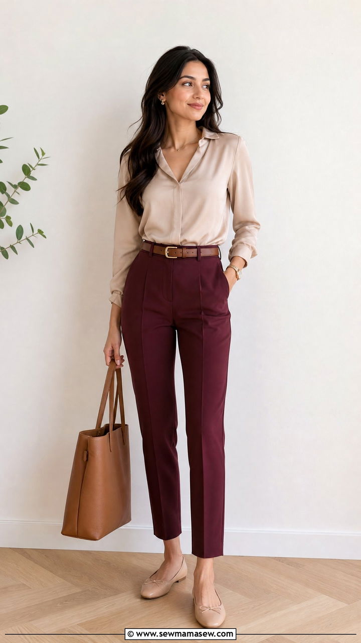 Maroon Trousers with Beige Blouse - 35 Maroon outfit ideas