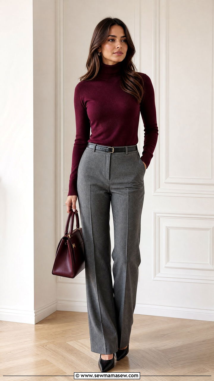 Maroon Turtleneck with Grey Trousers - 35 Maroon outfit ideas