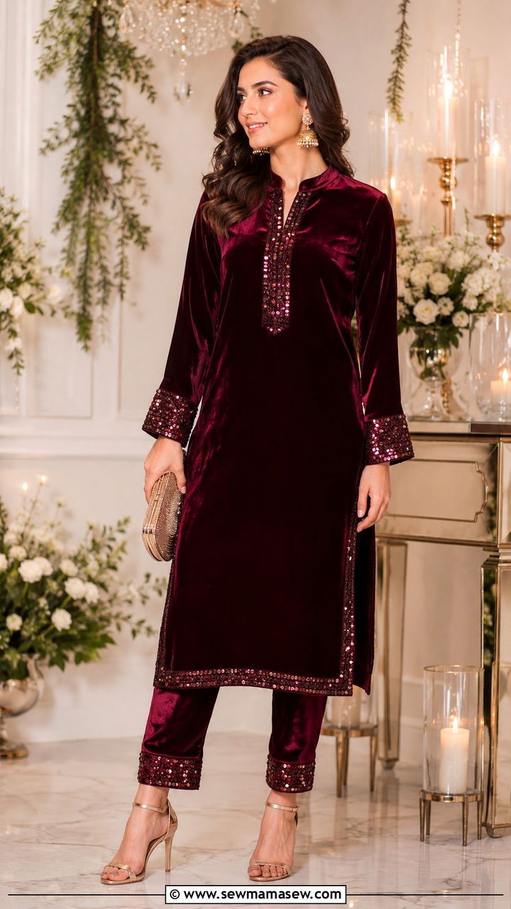 Maroon Velvet Kurta With Pants - 25 Velvet matching set outfit ideas
