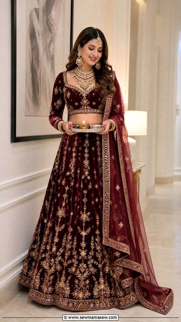 Maroon Velvet Lehenga for Karwa Chauth - 25 Karwa Chauth outfit ideas