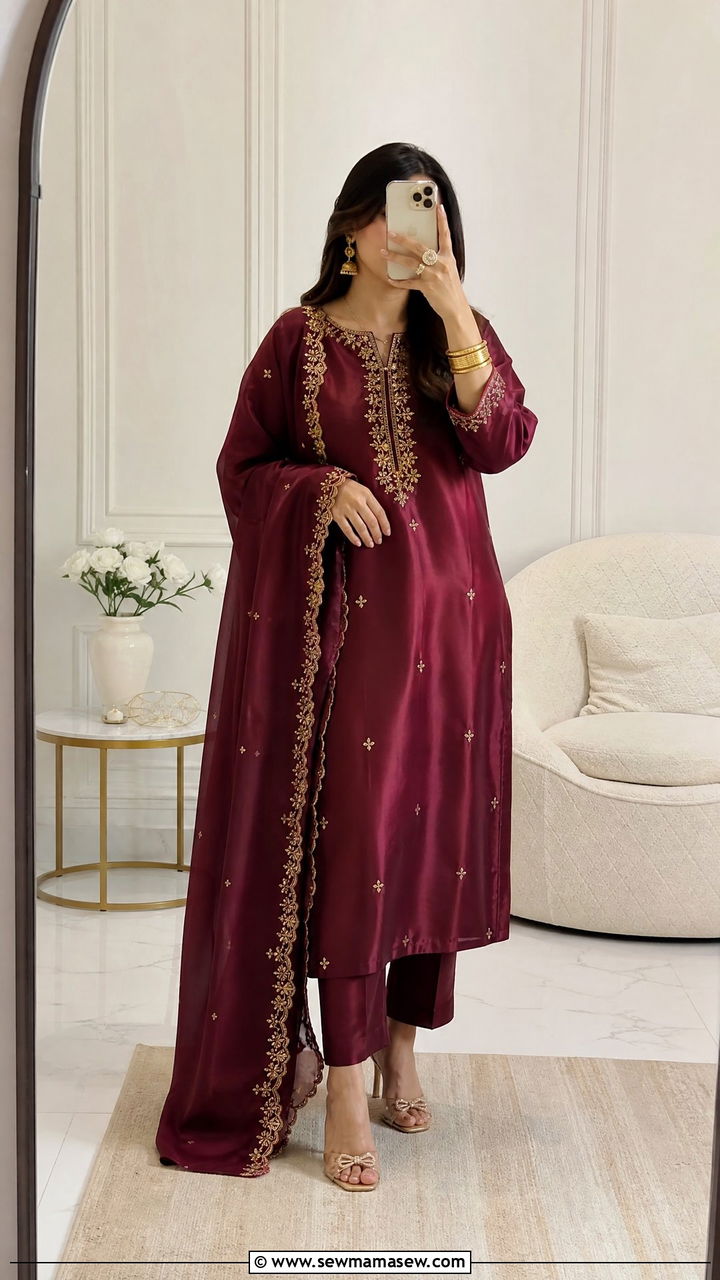 Maroon silk suit with intricate embroidery - 25 Iftar party outfit ideas