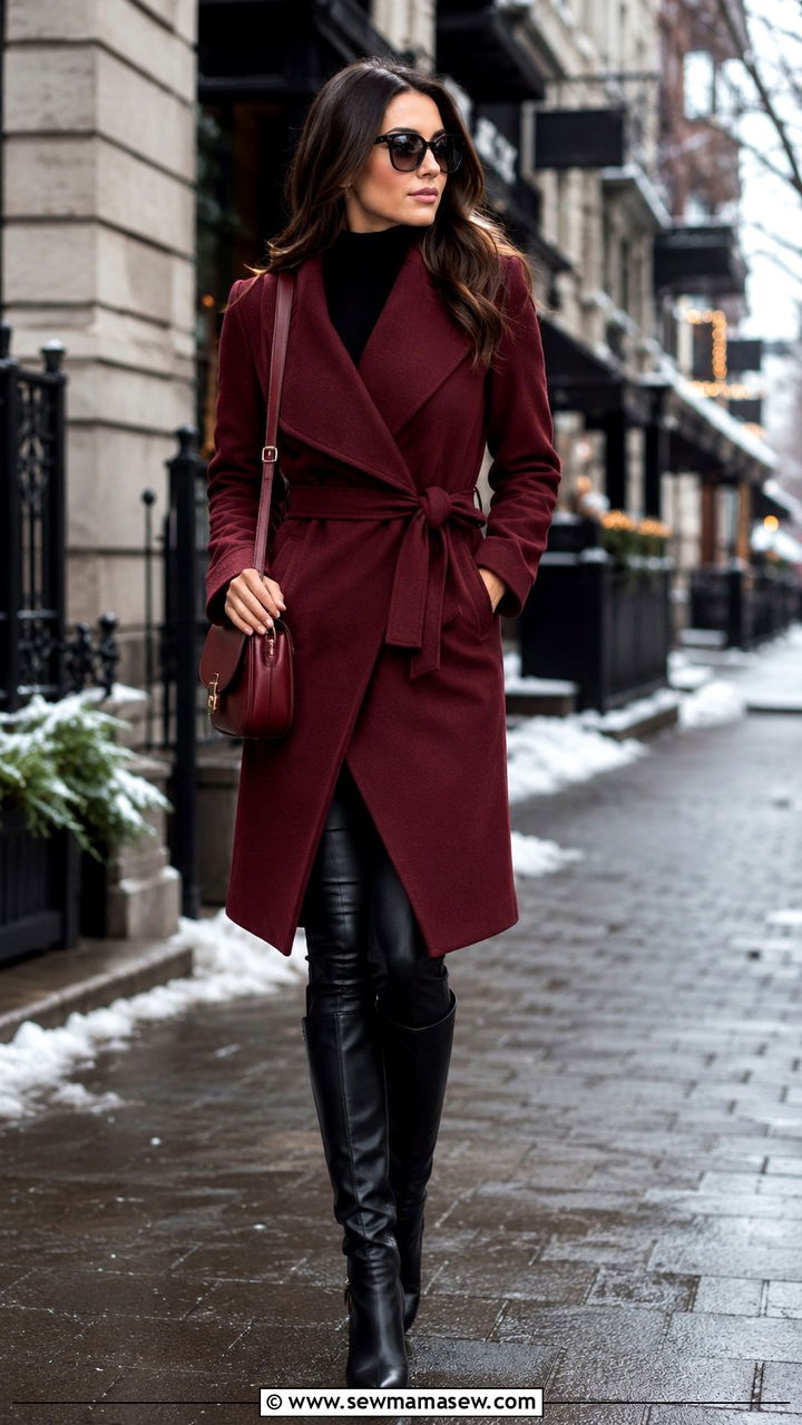 Marsala Wrap Coat Outfit - 30 Pantone color of the year outfit ideas