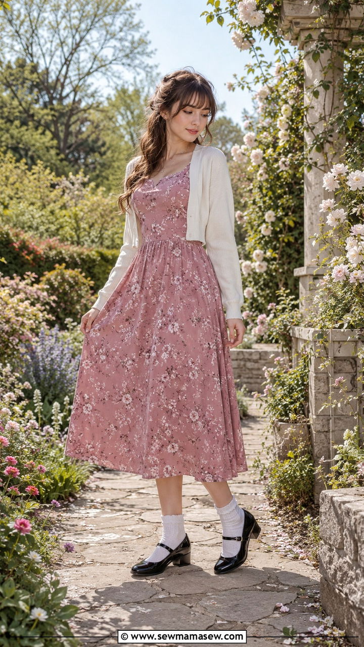 Mary Jane Shoes and Floral Midi Dress - 30 Romantic academia outfit ideas