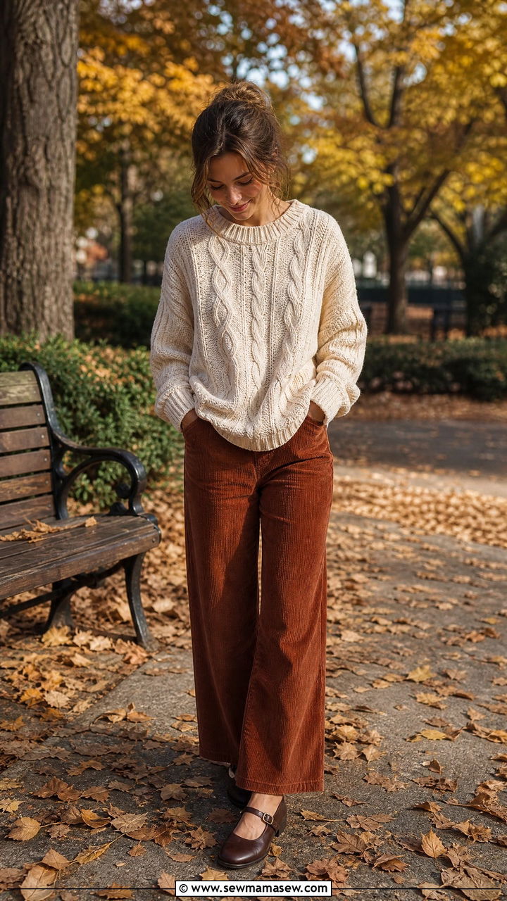 Mary Jane flats with a cable knit sweater and corduroy pants - 25 Mary jane flats outfit ideas