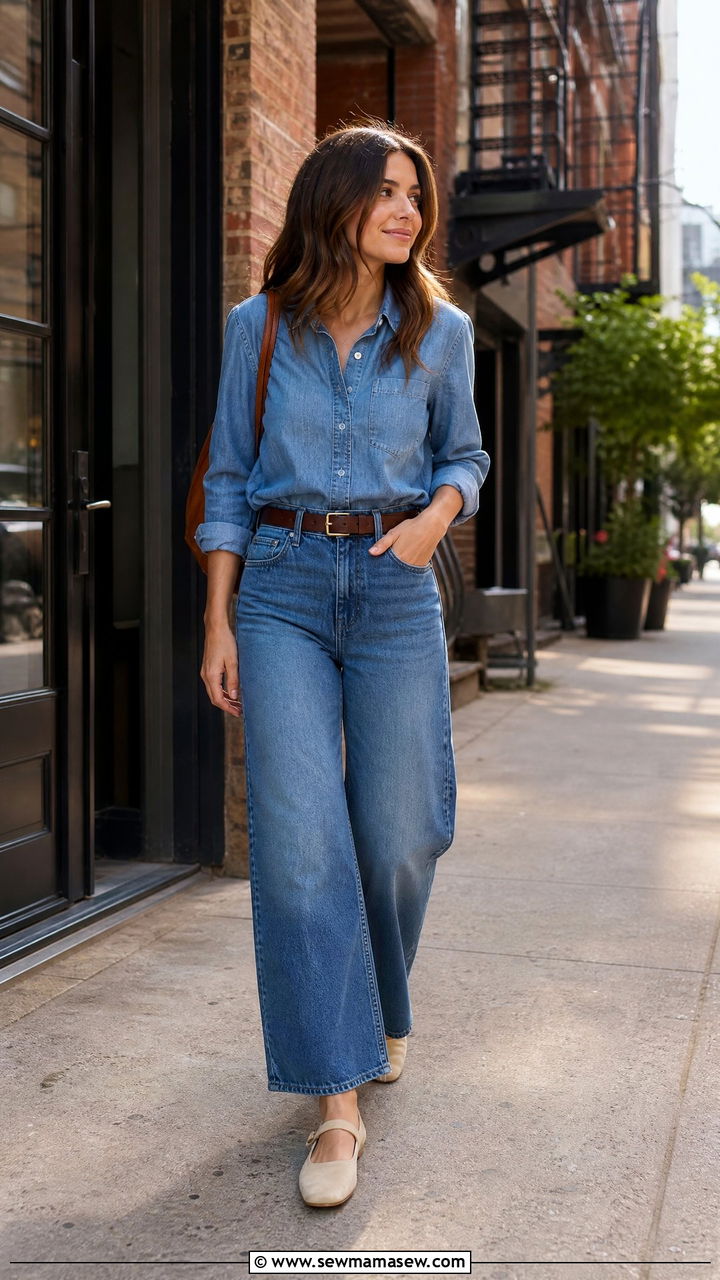 Mary Jane flats with a denim on denim outfit - 25 Mary jane flats outfit ideas