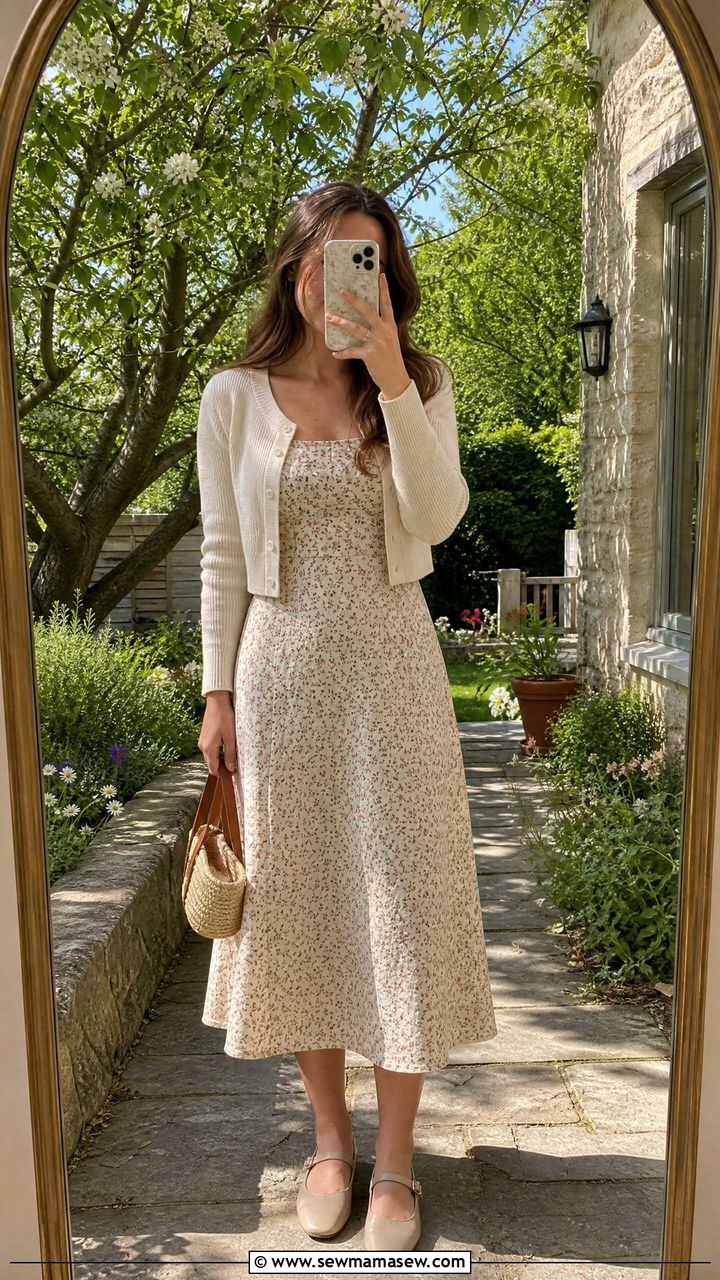 Mary Jane flats with a floral midi dress - 25 Mary jane flats outfit ideas