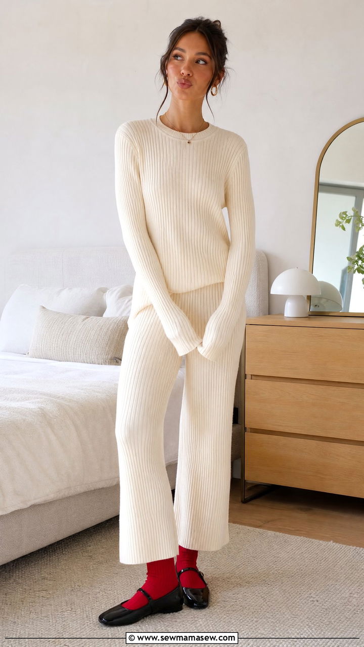 Mary Jane flats with a matching knit set and fun socks - 25 Mary jane flats outfit ideas
