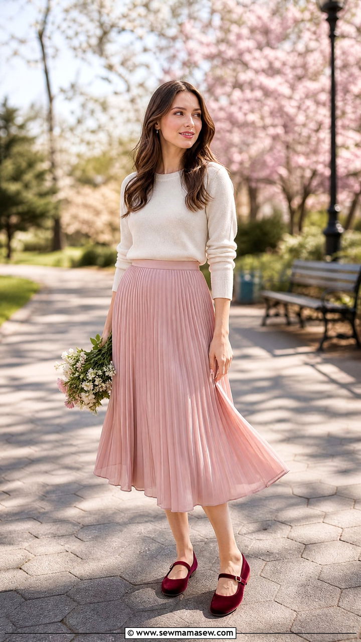 Mary Jane flats with a pleated midi skirt and lightweight knit - 25 Mary jane flats outfit ideas