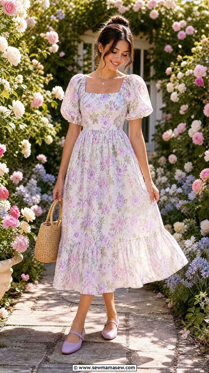 Mary Jane flats with a puff sleeve floral dress - 25 Mary jane flats outfit ideas