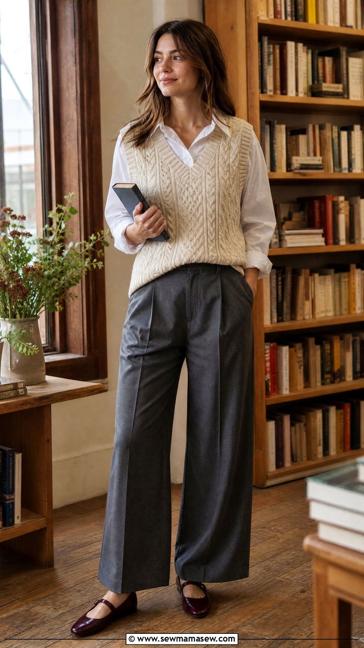 Mary Jane flats with a sweater vest and collared shirt - 25 Mary jane flats outfit ideas