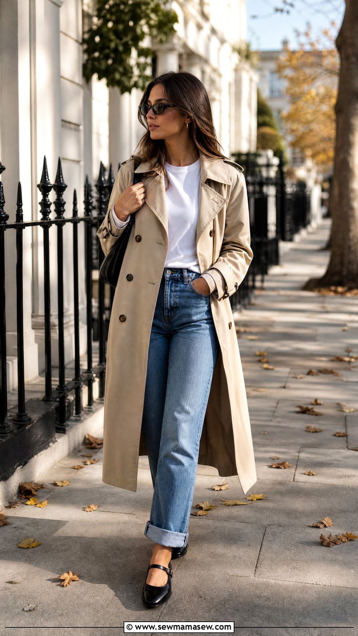 Mary Jane flats with a trench coat and cuffed jeans - 25 Mary jane flats outfit ideas