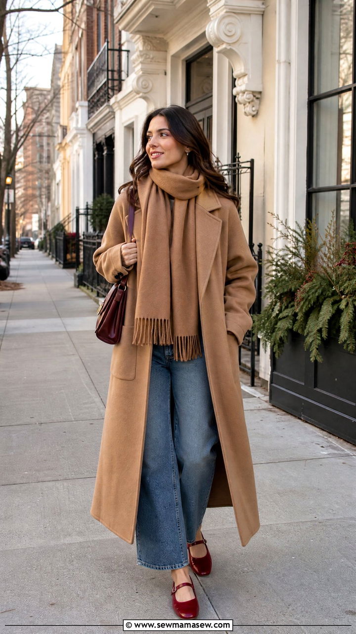 Mary Jane flats with a wool coat and matching scarf - 25 Mary jane flats outfit ideas