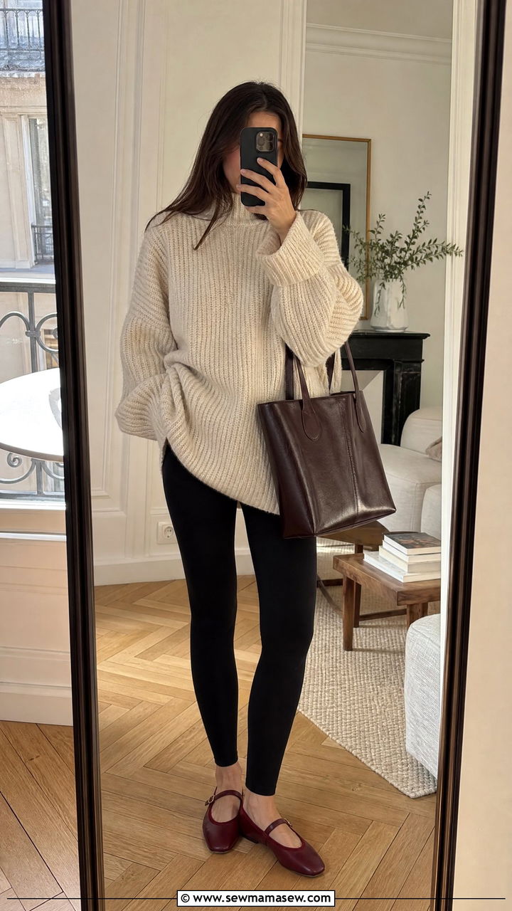 Mary Jane flats with leggings and an oversized sweater - 25 Mary jane flats outfit ideas