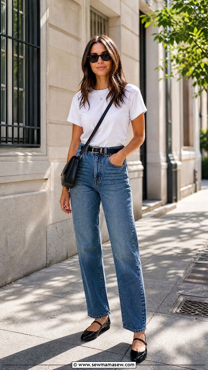 Mary Jane flats with straight leg jeans and a white tee - 25 Mary jane flats outfit ideas