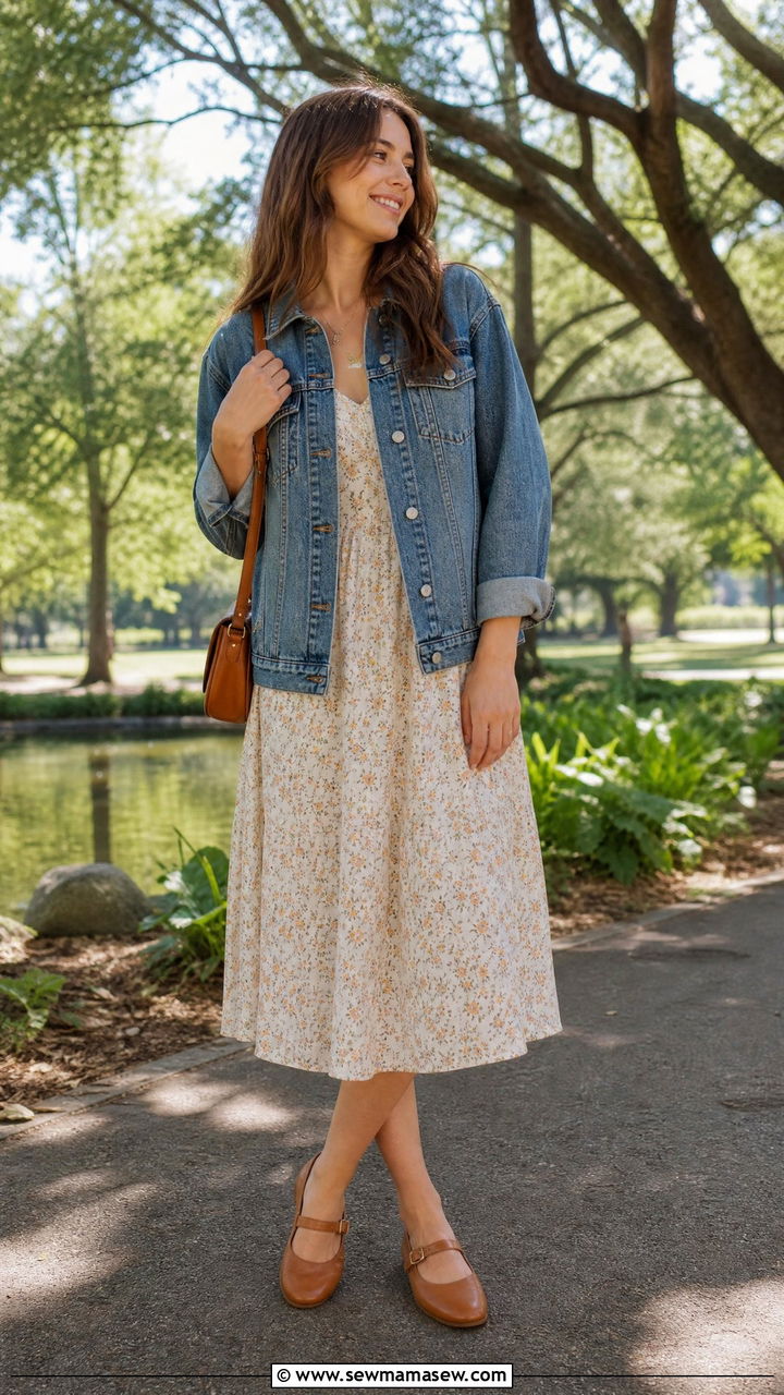 Mary Jane shoes with a denim jacket and a floral midi dress - 25 Mary Jane shoes outfit ideas