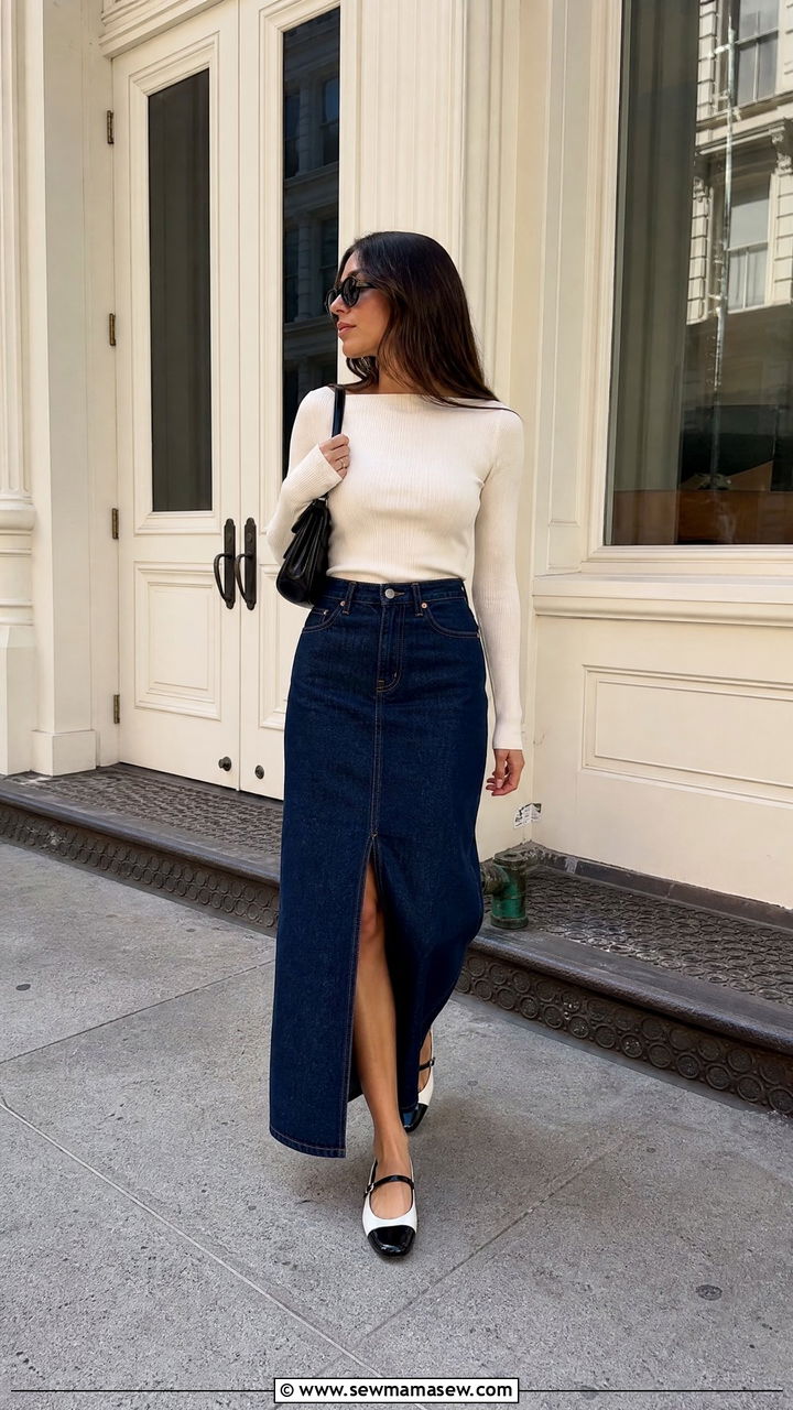 Mary Jane shoes with a denim maxi skirt and a slim knit top - 25 Mary Jane shoes outfit ideas