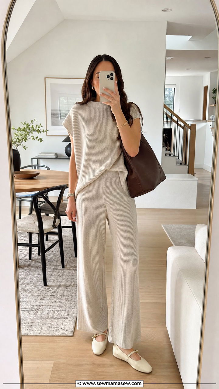 Mary Jane shoes with a knit set and oversized tote - 25 Mary Jane shoes outfit ideas
