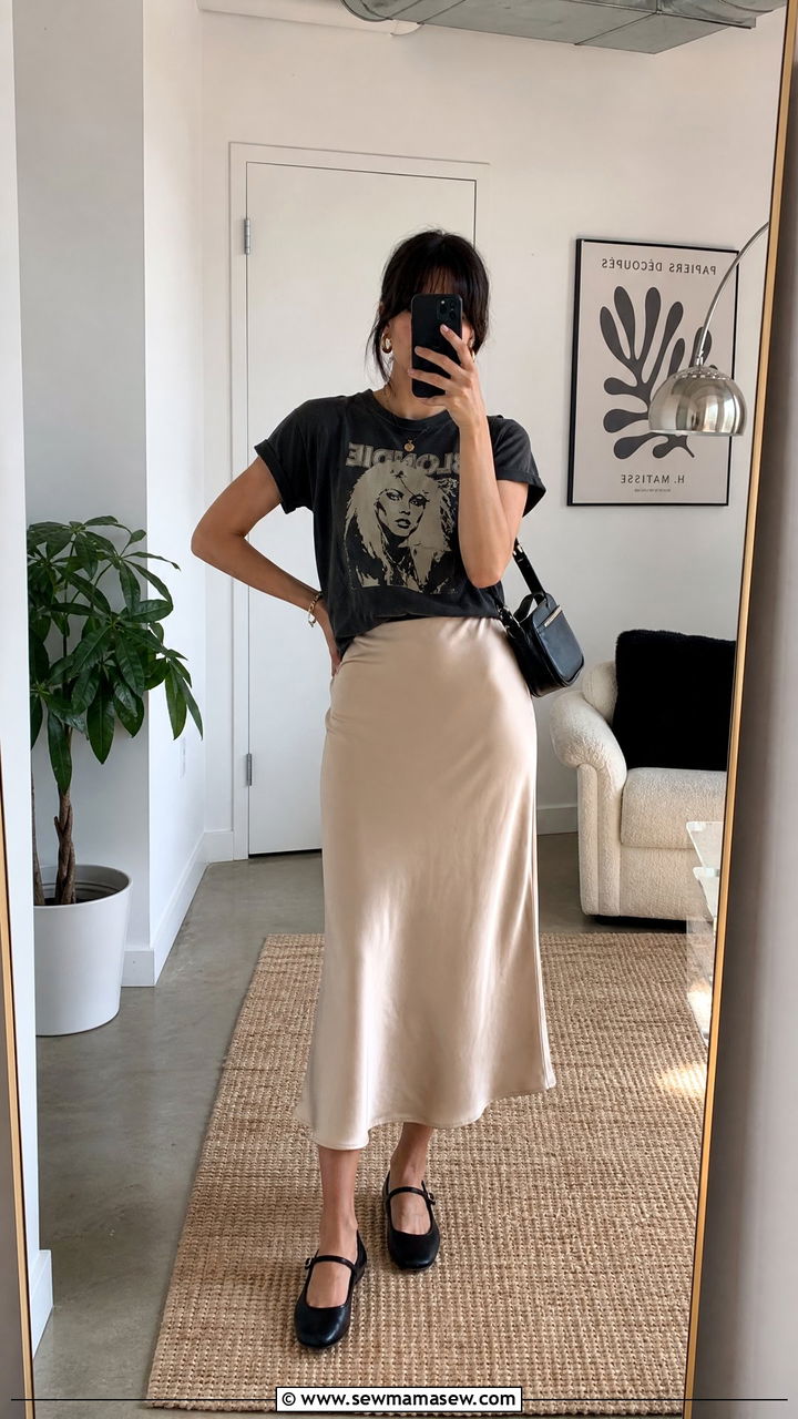 Mary Jane shoes with a slip skirt and a graphic tee - 25 Mary Jane shoes outfit ideas
