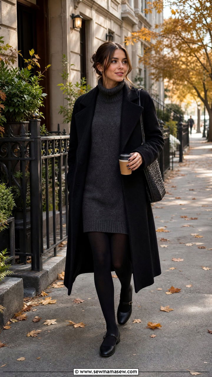 Mary Jane shoes with a sweater dress and opaque tights - 25 Mary Jane shoes outfit ideas
