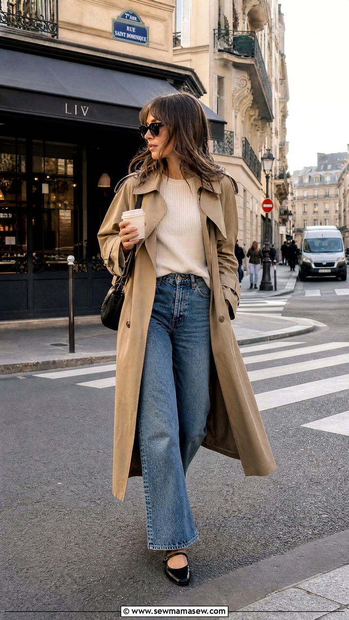 Mary Jane shoes with a trench coat and wide leg jeans - 25 Mary Jane shoes outfit ideas