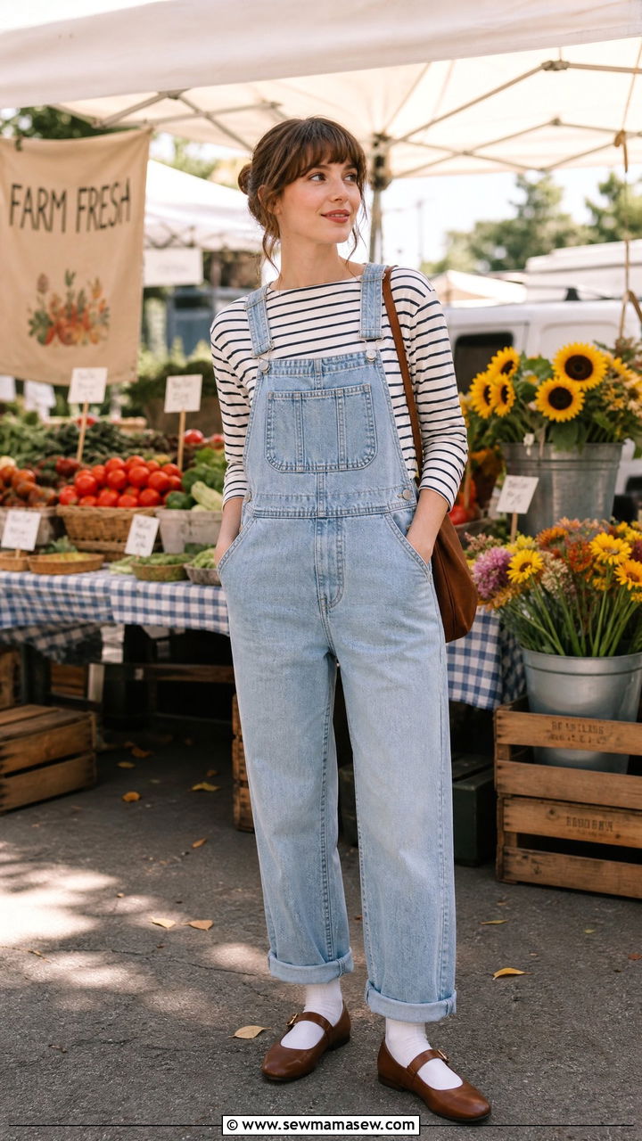 Mary Jane shoes with overalls and a striped long sleeve tee - 25 Mary Jane shoes outfit ideas
