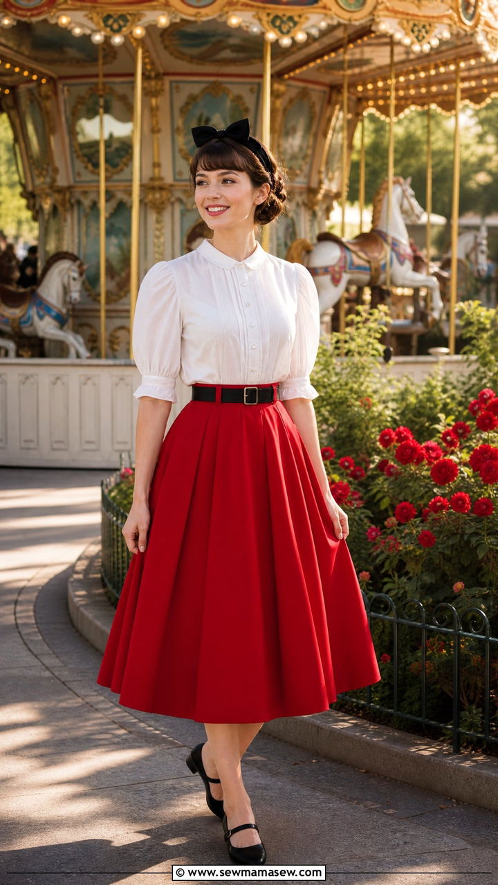Mary Poppins Inspired White Blouse With Red Skirt And Black Accessories - 40 Disney trip outfit ideas