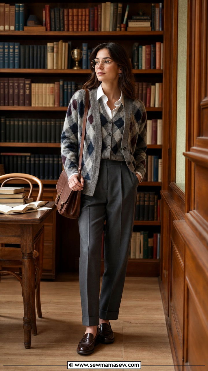 Matching Argyle Cardigan and Vest Set With White Shirt and Trousers - 25 Eclectic grandpa outfit ideas