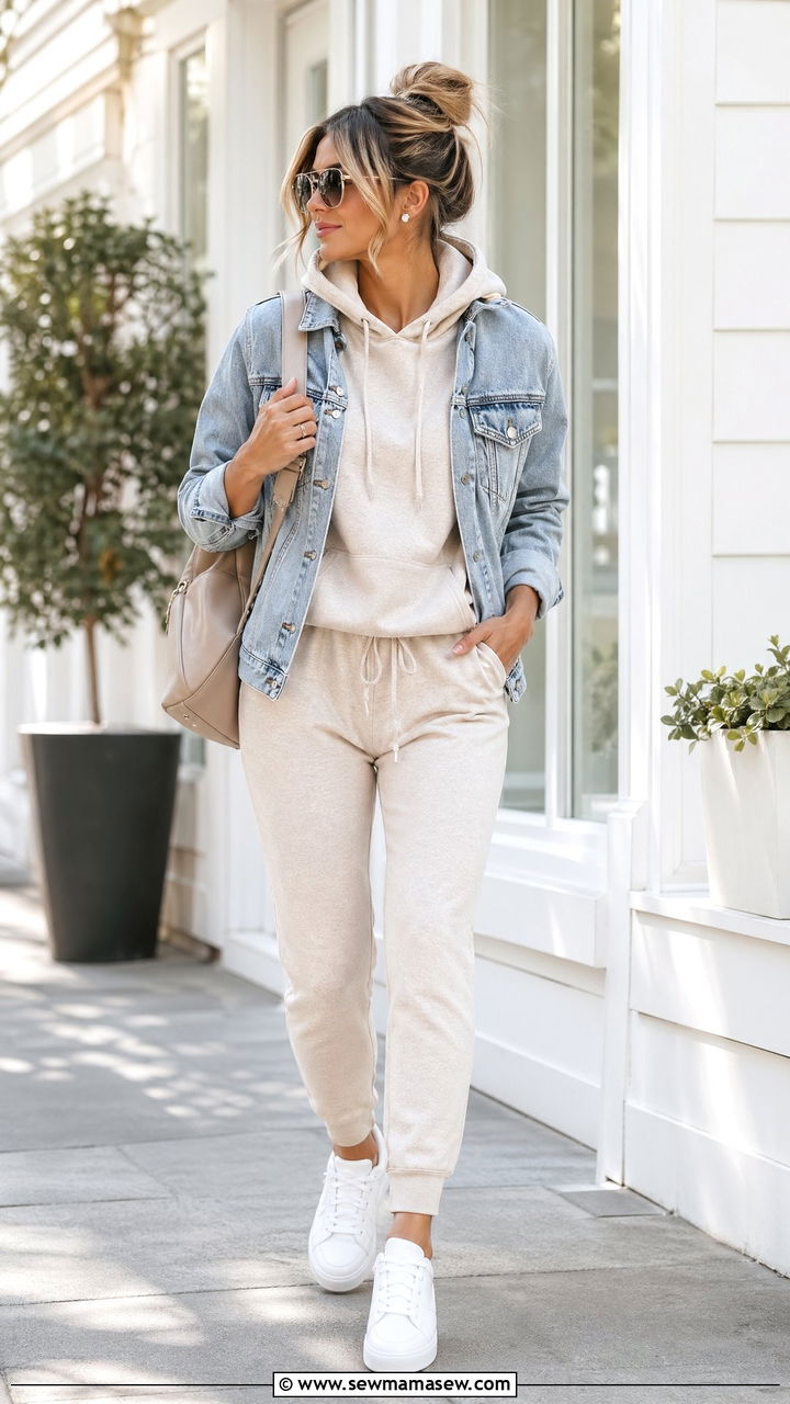 Matching Athleisure Set and Denim Jacket with Sneakers - 35 errands outfits for women