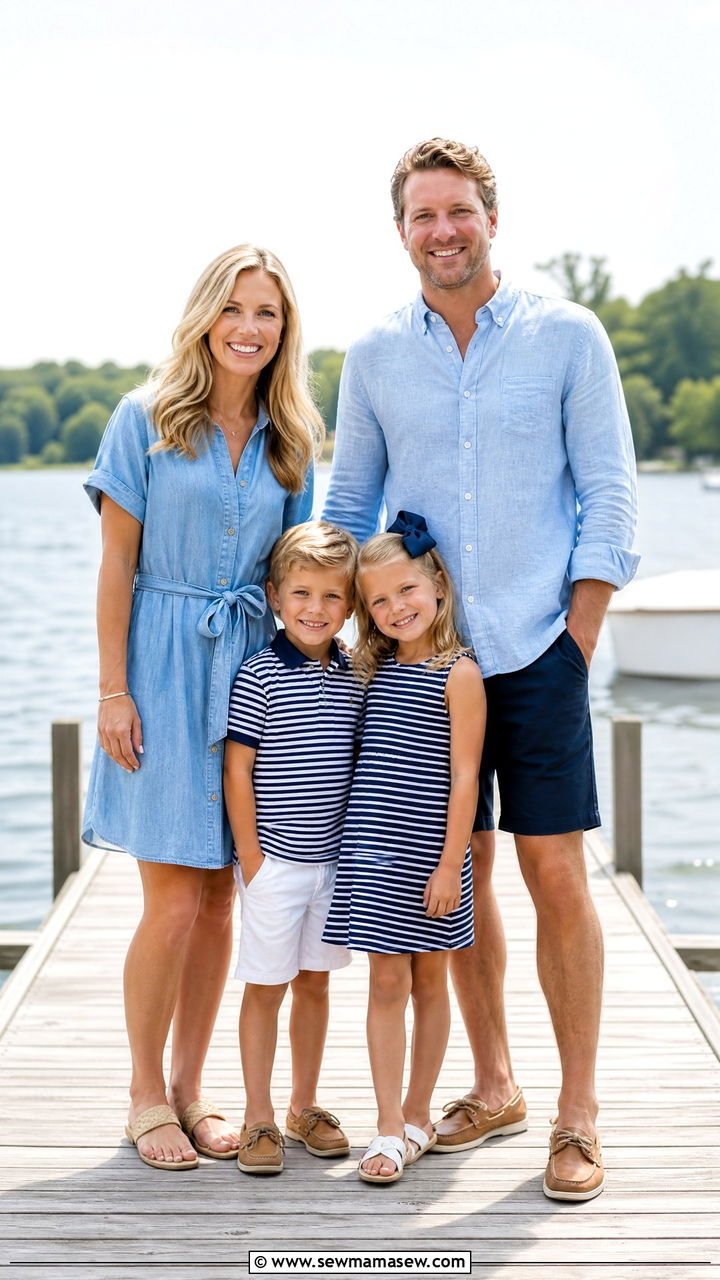 Matching Blue Ensembles for Lakeside Family Portraits - 30 summer family photoshoot outfit ideas