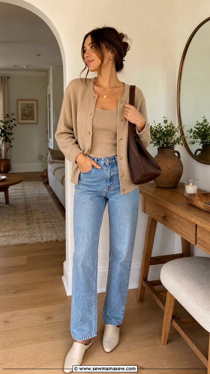 Matching Cardigan Set With Relaxed Straight Leg Jeans - 30 Modest outfit ideas clean girl