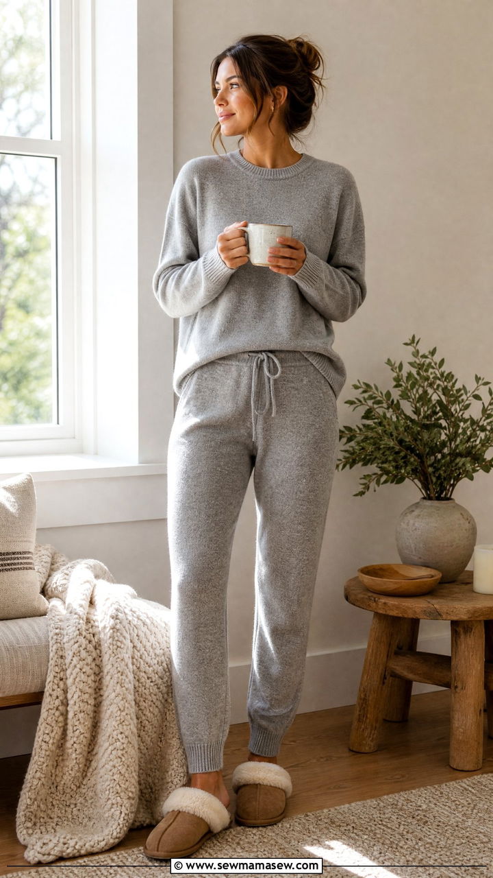Matching Cashmere Jogger Set With Shearling Slippers - 35 Hygge outfit ideas