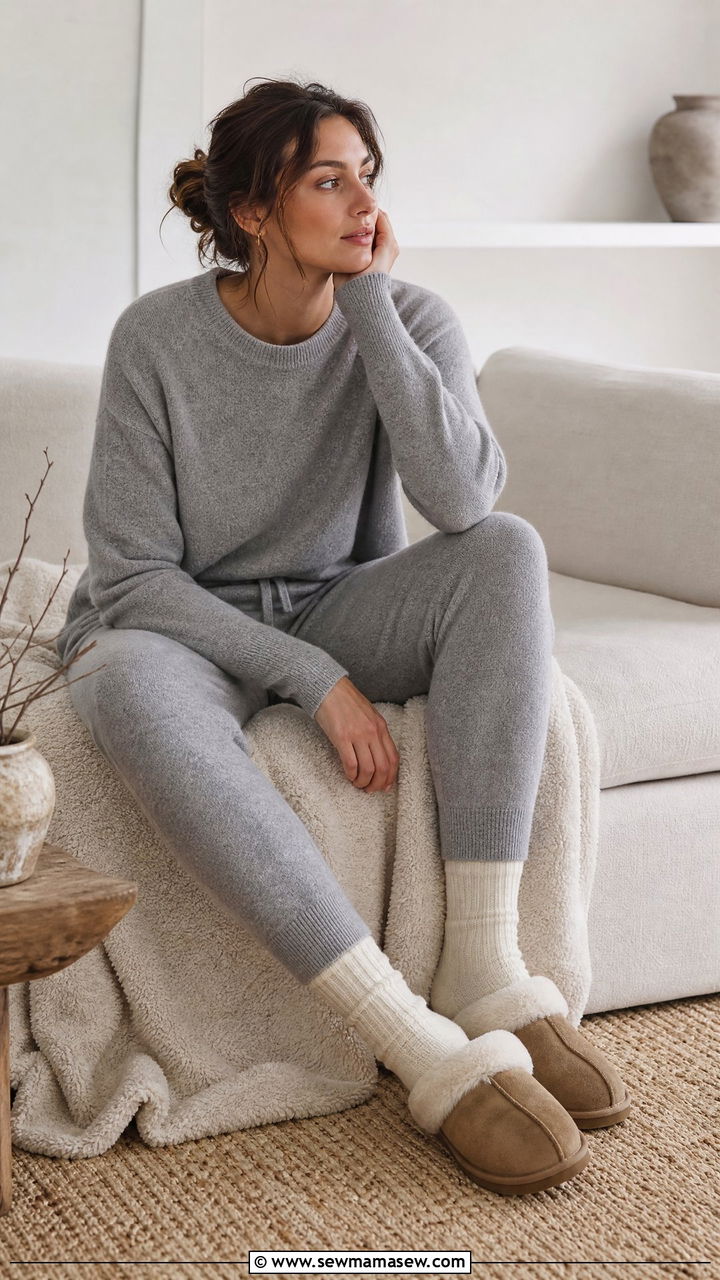 Matching Cashmere Jogger Set With Wool Socks and Shearling Slippers - 30 French girl loungewear outfit ideas