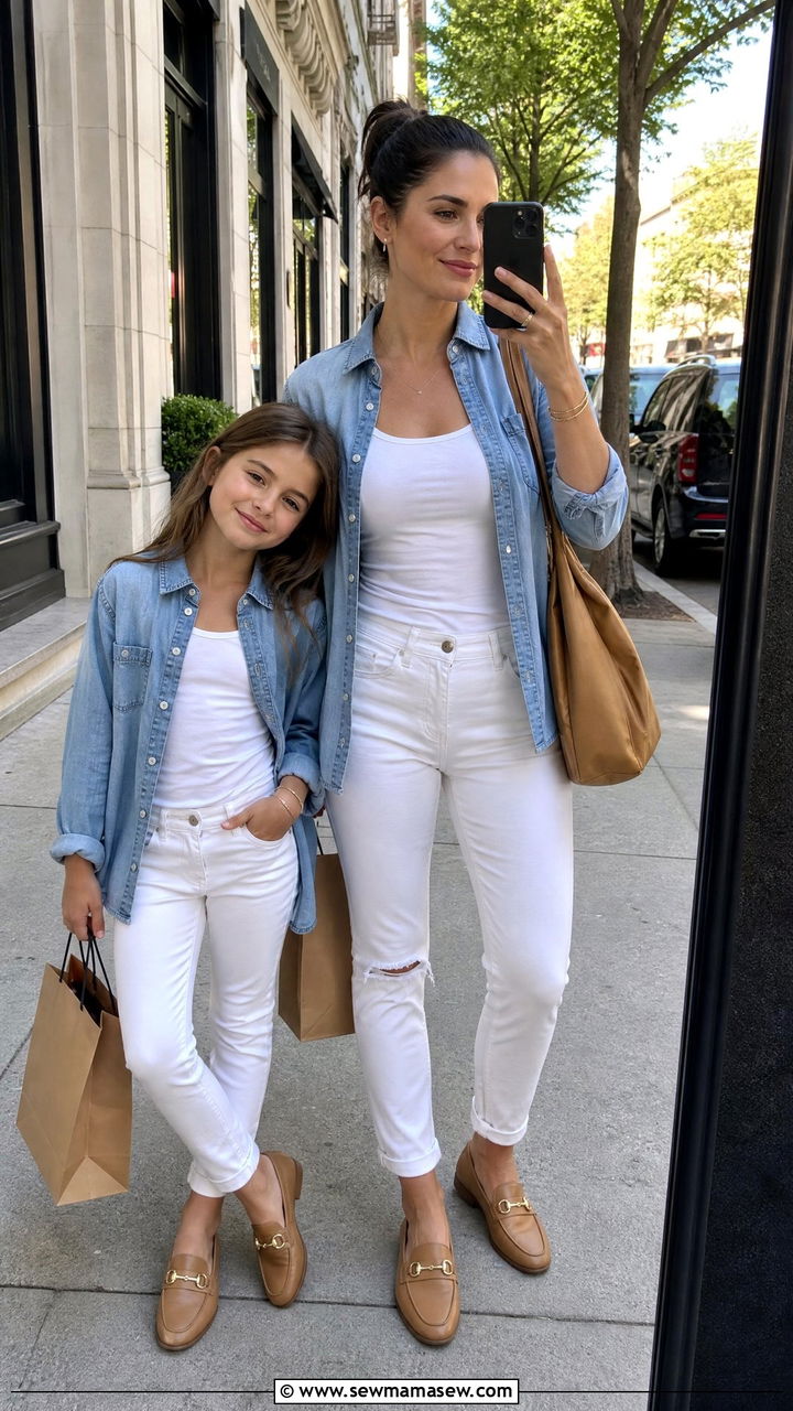 Matching Chambray Shirts With White Jeans - 30 Summer mother daughter outfits
