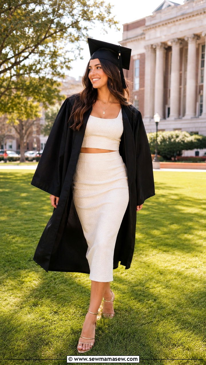 Matching Co Ord Skirt Set with Strappy Sandals - 30 Graduation cap and gown outfit ideas