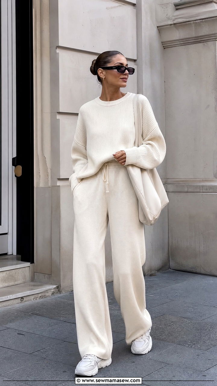 Matching Cream Co Ord Set With Chunky White Sneakers - 30 clean girl outfits ideas