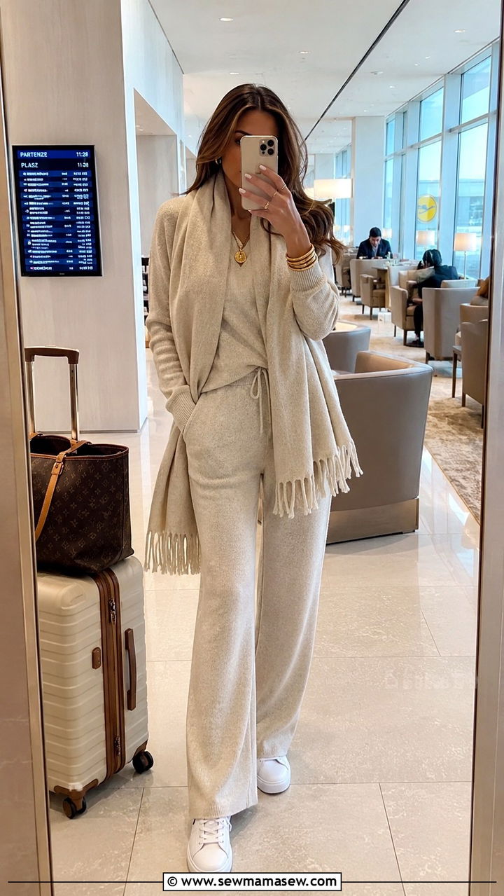 Matching Cream Knit Lounge Set With Gold Bangle Stack - 25 Old money outfit ideas with gold jewelry