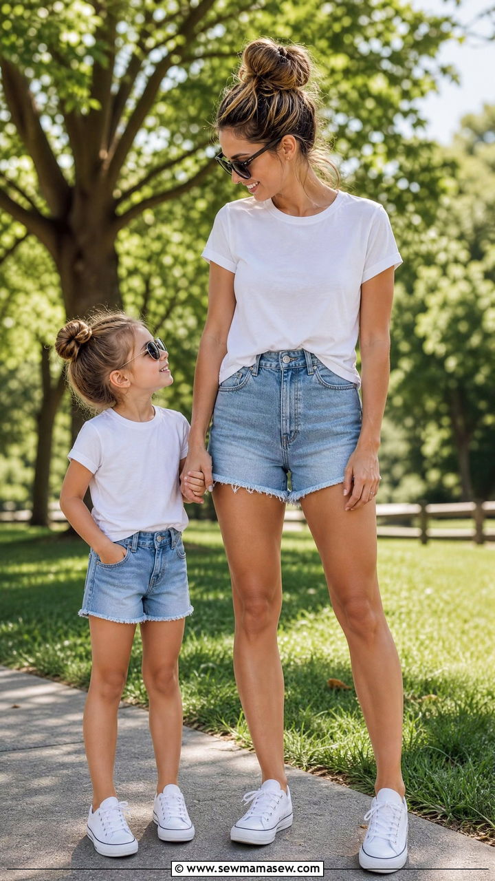 Matching Denim Shorts And White Tees With Sneakers - 30 Summer mother daughter outfits