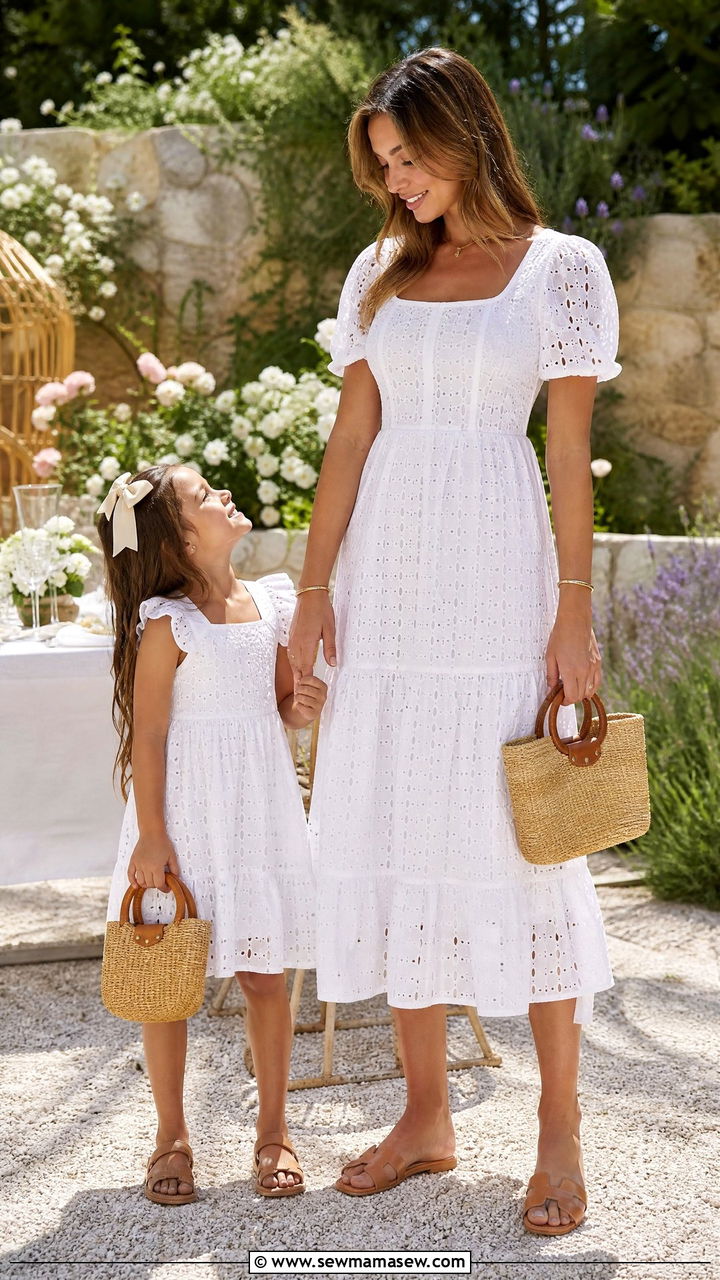 Matching Eyelet Dresses With Straw Bags - 30 Summer mother daughter outfits